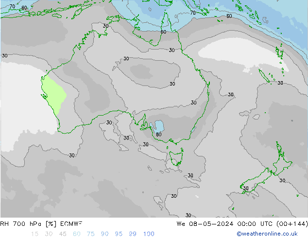 Humidité rel. 700 hPa ECMWF mer 08.05.2024 00 UTC