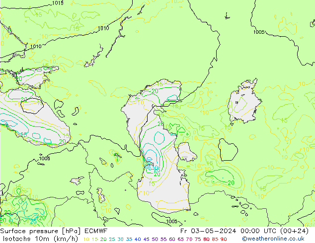 Isotachen (km/h) ECMWF vr 03.05.2024 00 UTC