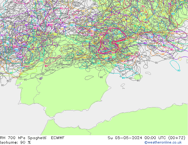RH 700 hPa Spaghetti ECMWF  05.05.2024 00 UTC