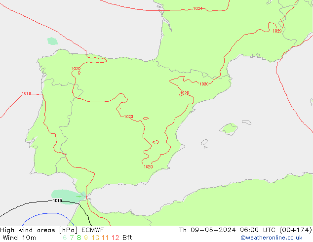 yüksek rüzgarlı alanlar ECMWF Per 09.05.2024 06 UTC