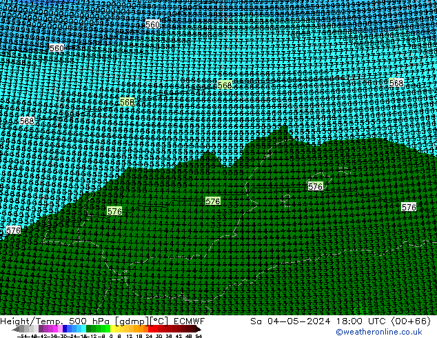 Hoogte/Temp. 500 hPa ECMWF za 04.05.2024 18 UTC