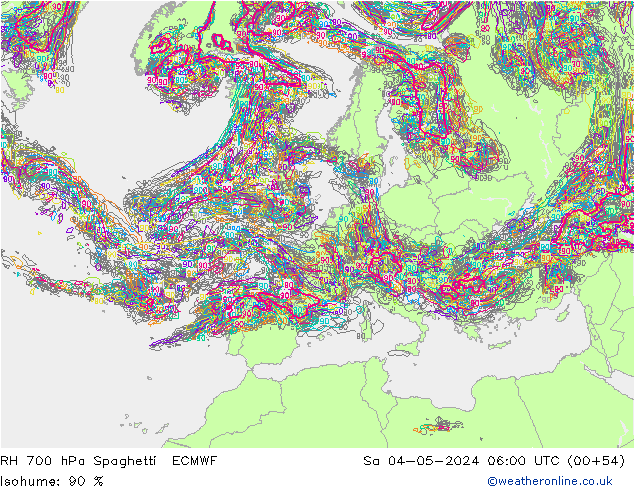 RH 700 hPa Spaghetti ECMWF Sa 04.05.2024 06 UTC