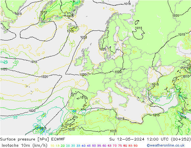 Isotachs (kph) ECMWF Su 12.05.2024 12 UTC