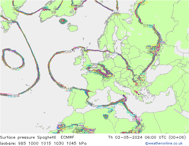Presión superficial Spaghetti ECMWF jue 02.05.2024 06 UTC