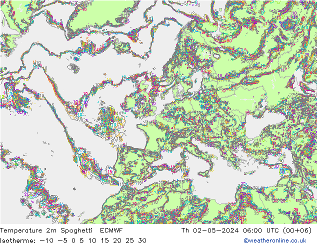 Temperatura 2m Spaghetti ECMWF jue 02.05.2024 06 UTC