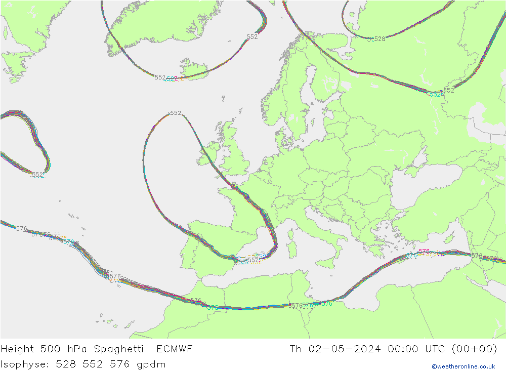 Height 500 hPa Spaghetti ECMWF czw. 02.05.2024 00 UTC