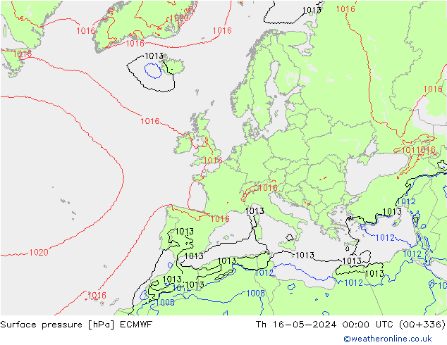 Surface pressure ECMWF Th 16.05.2024 00 UTC