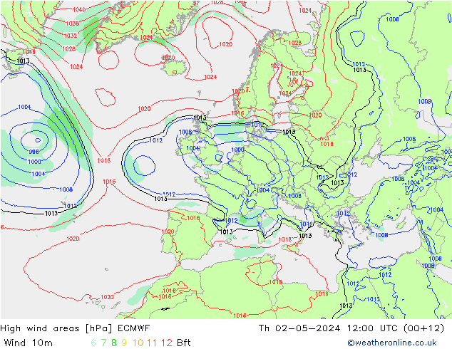 yüksek rüzgarlı alanlar ECMWF Per 02.05.2024 12 UTC