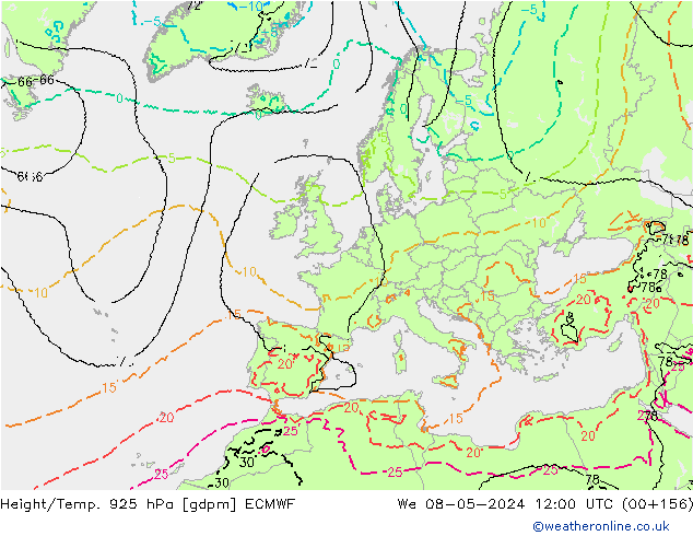 Hoogte/Temp. 925 hPa ECMWF wo 08.05.2024 12 UTC