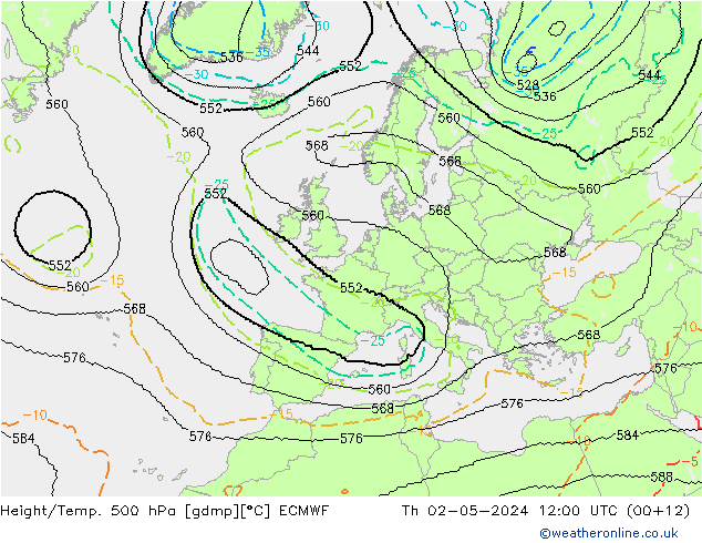 Geop./Temp. 500 hPa ECMWF jue 02.05.2024 12 UTC