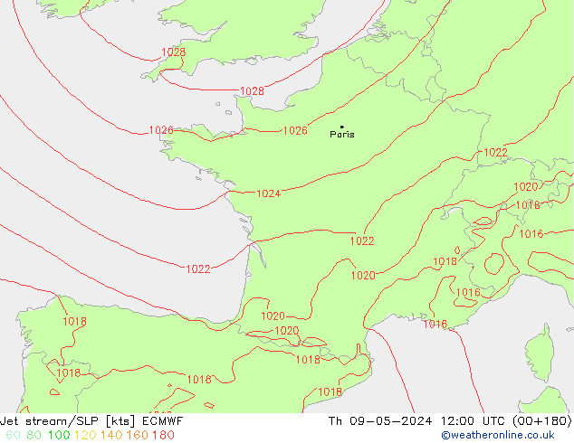 Jet stream/SLP ECMWF Th 09.05.2024 12 UTC