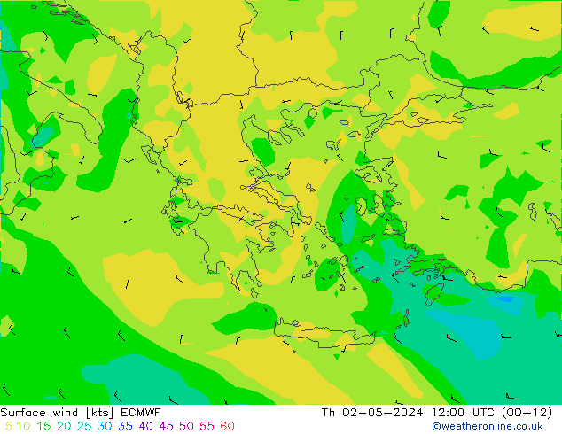 Vento 10 m ECMWF gio 02.05.2024 12 UTC