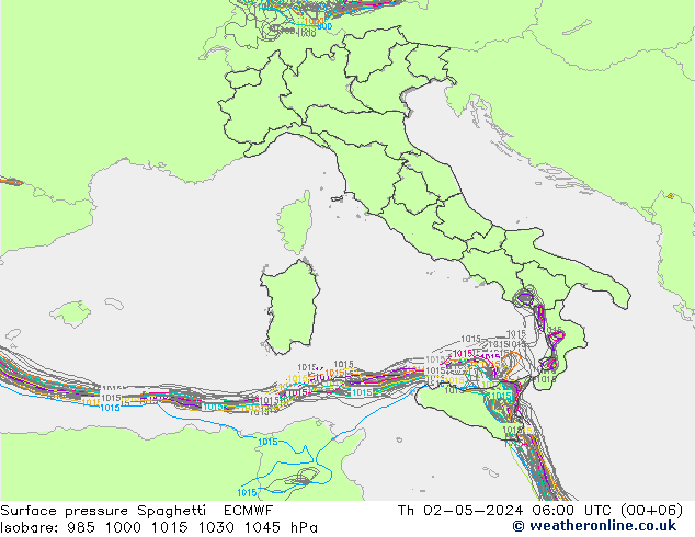 pressão do solo Spaghetti ECMWF Qui 02.05.2024 06 UTC
