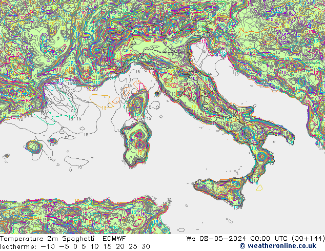 Temperature 2m Spaghetti ECMWF We 08.05.2024 00 UTC