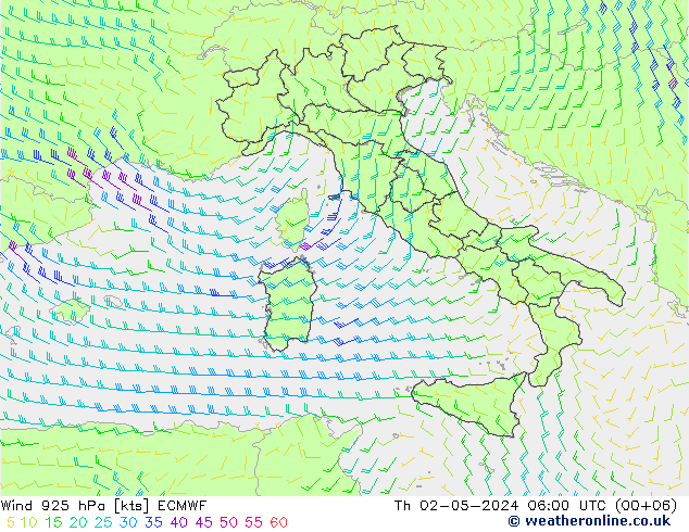 Vento 925 hPa ECMWF gio 02.05.2024 06 UTC