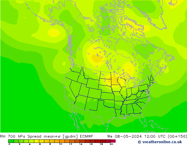 RH 700 hPa Spread ECMWF śro. 08.05.2024 12 UTC