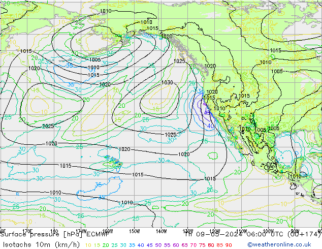 Isotachs (kph) ECMWF Qui 09.05.2024 06 UTC