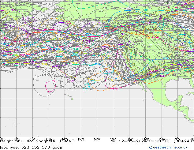 Height 500 hPa Spaghetti ECMWF Su 12.05.2024 00 UTC