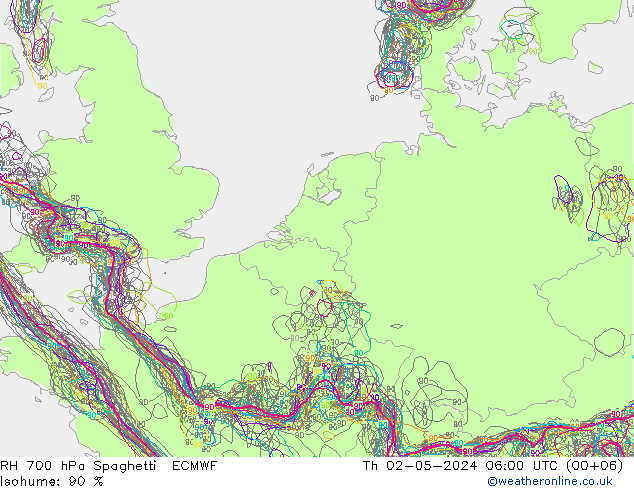 RH 700 hPa Spaghetti ECMWF Do 02.05.2024 06 UTC
