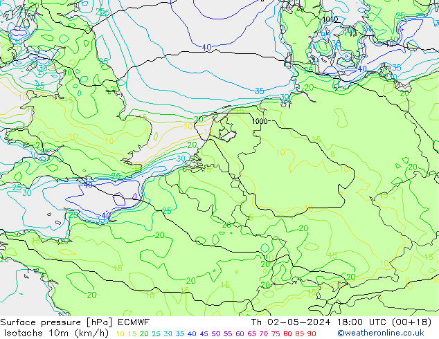 Isotachs (kph) ECMWF Čt 02.05.2024 18 UTC