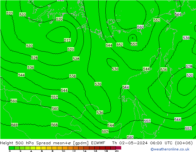 Height 500 hPa Spread ECMWF Čt 02.05.2024 06 UTC