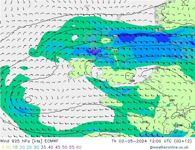 Wind 925 hPa ECMWF Čt 02.05.2024 12 UTC