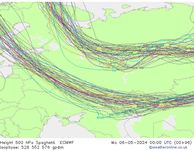 Height 500 hPa Spaghetti ECMWF pon. 06.05.2024 00 UTC