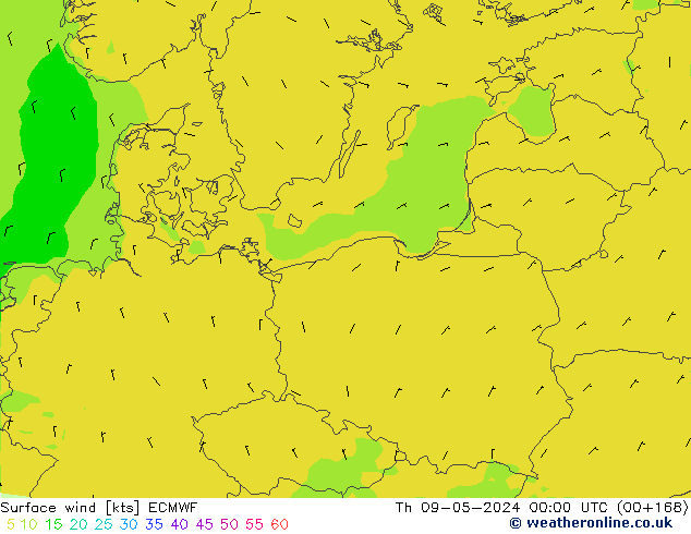 Surface wind ECMWF Čt 09.05.2024 00 UTC