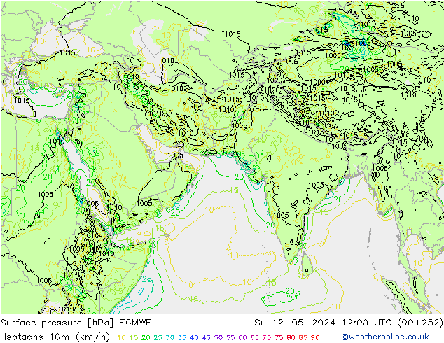 Isotachen (km/h) ECMWF zo 12.05.2024 12 UTC