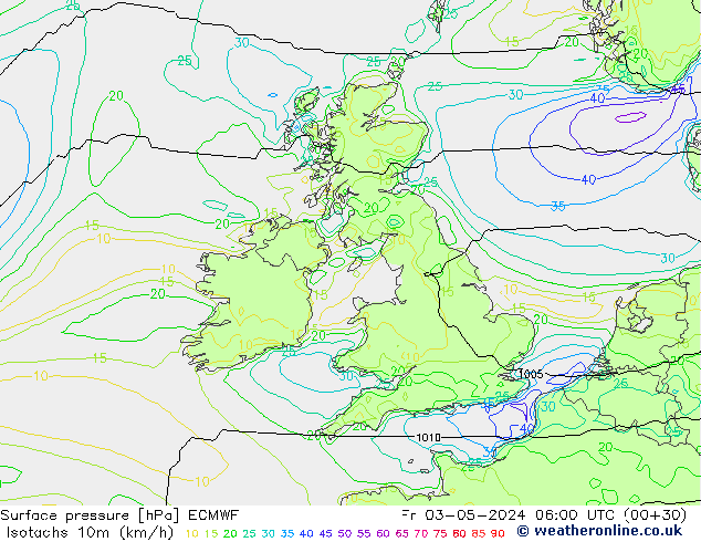 Isotachs (kph) ECMWF ven 03.05.2024 06 UTC