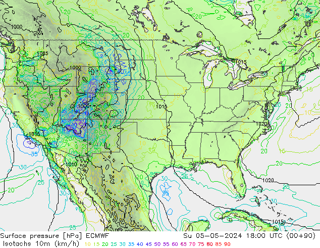 Isotachs (kph) ECMWF Su 05.05.2024 18 UTC