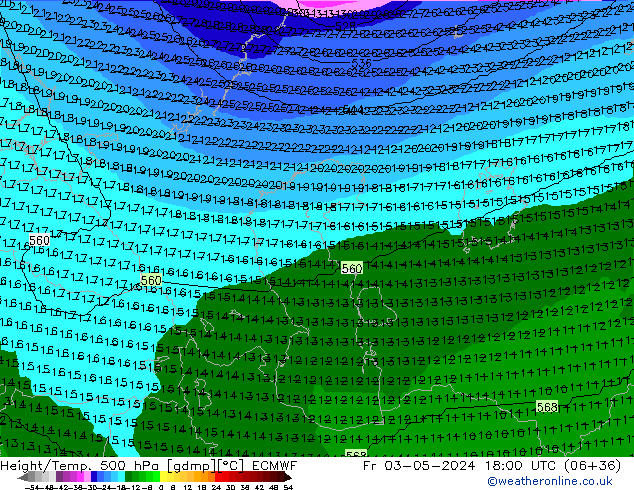 Height/Temp. 500 hPa ECMWF Fr 03.05.2024 18 UTC