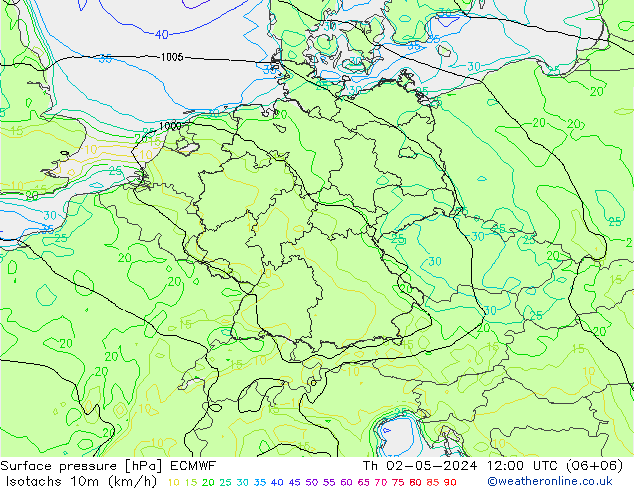 Isotaca (kph) ECMWF jue 02.05.2024 12 UTC