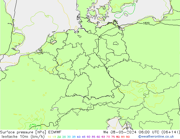 Isotachs (kph) ECMWF Qua 08.05.2024 06 UTC