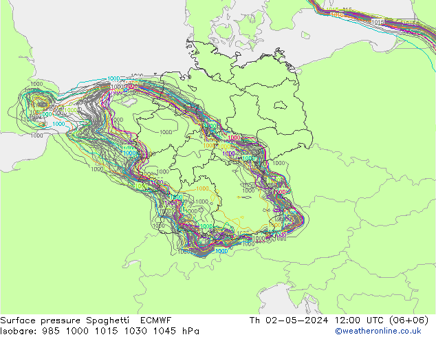 地面气压 Spaghetti ECMWF 星期四 02.05.2024 12 UTC