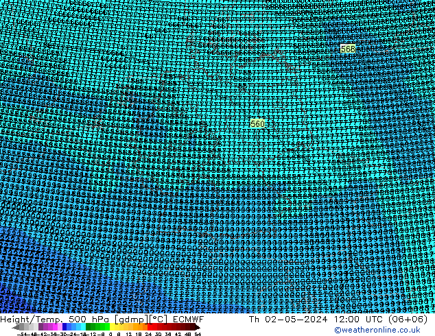 Height/Temp. 500 hPa ECMWF Qui 02.05.2024 12 UTC