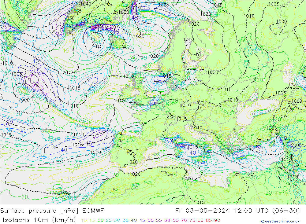 Isotachs (kph) ECMWF Fr 03.05.2024 12 UTC