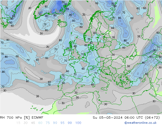 RH 700 hPa ECMWF Dom 05.05.2024 06 UTC