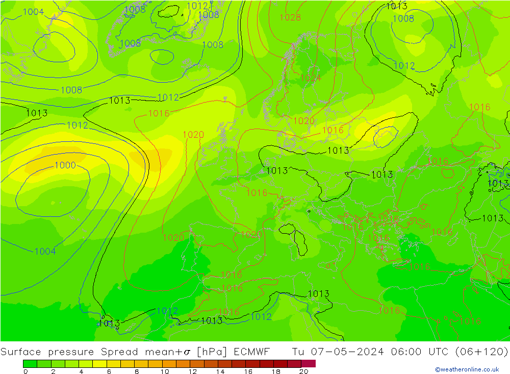 Surface pressure Spread ECMWF Tu 07.05.2024 06 UTC