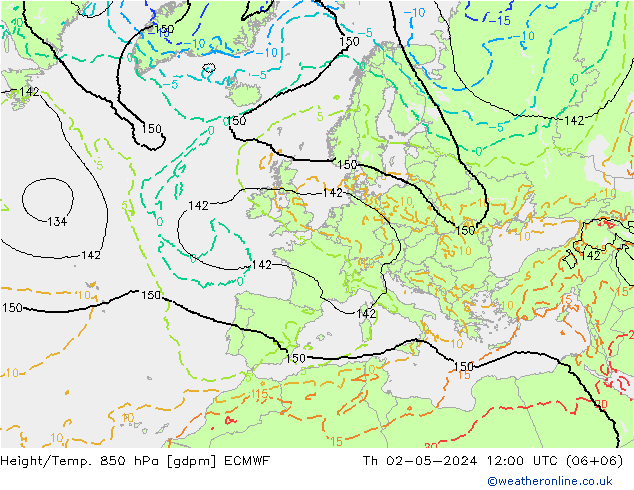 Height/Temp. 850 гПа ECMWF чт 02.05.2024 12 UTC
