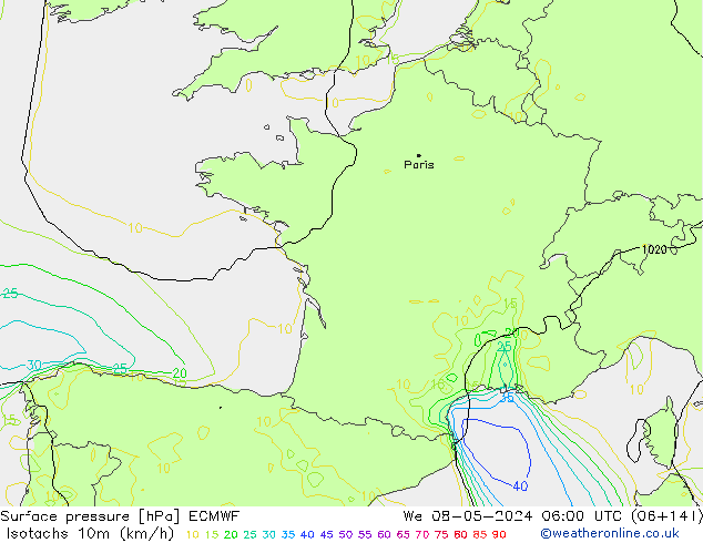 Isotachen (km/h) ECMWF Mi 08.05.2024 06 UTC