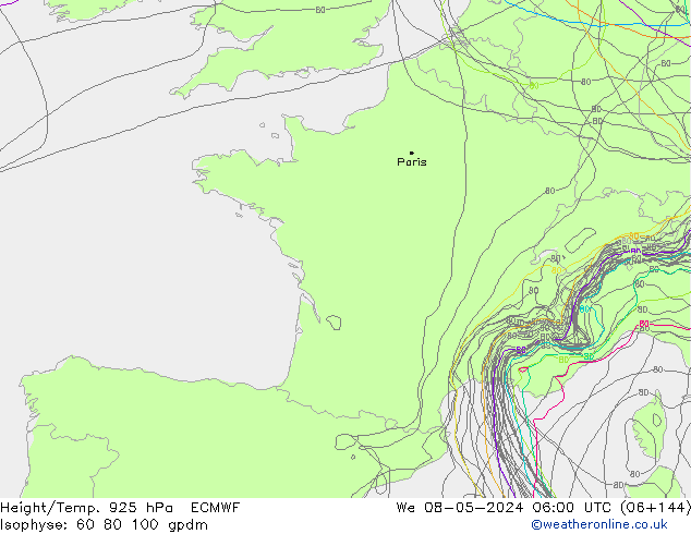 Height/Temp. 925 hPa ECMWF Mi 08.05.2024 06 UTC