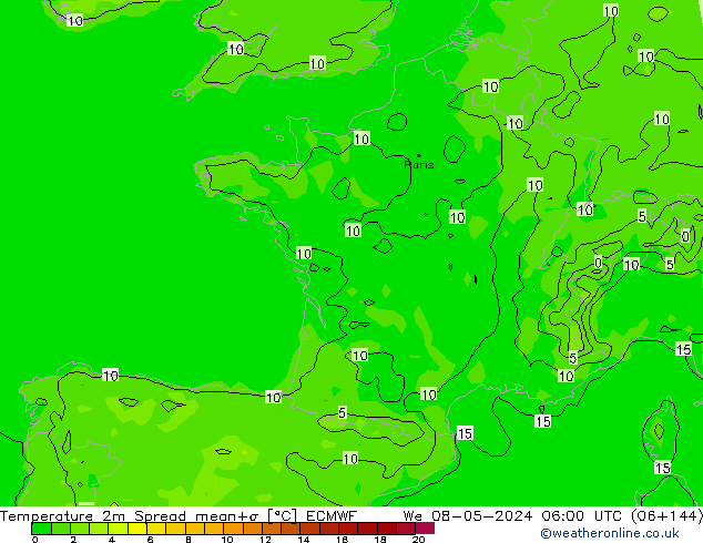 Temperaturkarte Spread ECMWF Mi 08.05.2024 06 UTC