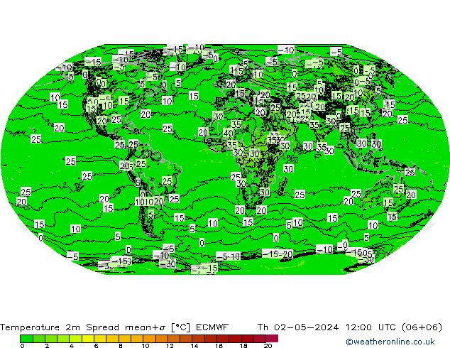 Temperatura 2m Spread ECMWF Qui 02.05.2024 12 UTC