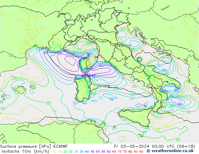 Eşrüzgar Hızları (km/sa) ECMWF Cu 03.05.2024 00 UTC