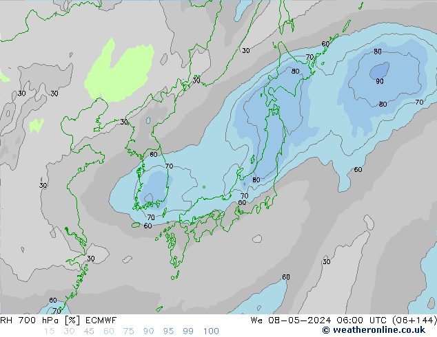 Humidité rel. 700 hPa ECMWF mer 08.05.2024 06 UTC