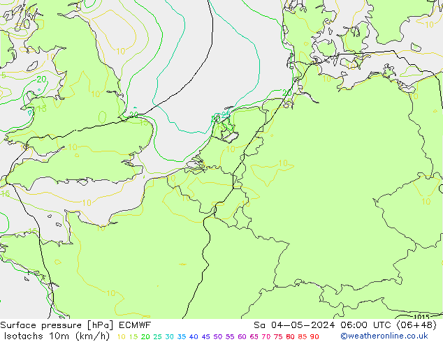 Isotachen (km/h) ECMWF za 04.05.2024 06 UTC