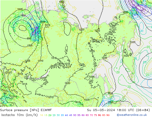 Izotacha (km/godz) ECMWF nie. 05.05.2024 18 UTC