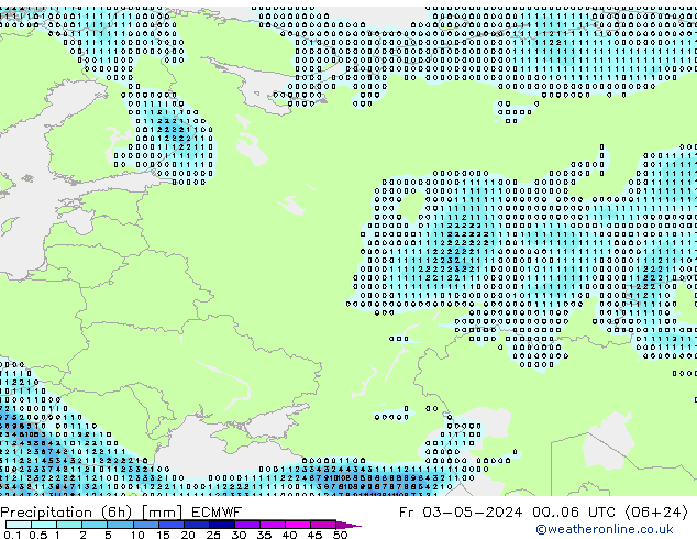 Totale neerslag (6h) ECMWF vr 03.05.2024 06 UTC