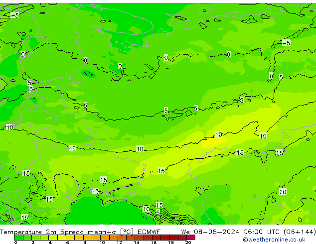 Temperature 2m Spread ECMWF We 08.05.2024 06 UTC